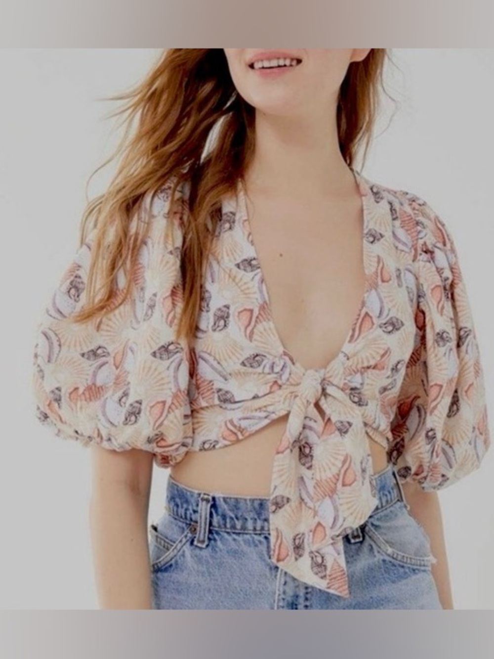 Urban Outfitters Devon Linen Seashells Crop Top